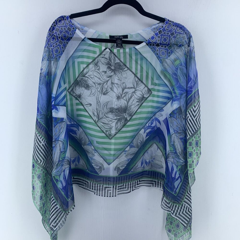 Style & Co Womens PXL Cropped Kimono Top Flowy‎ Boho Artsy Multi Floral Relaxed